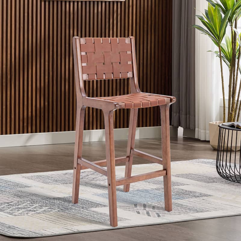 Faux Leather Kitchen Stool Chairs with Back and Wooden Legs Set of 2