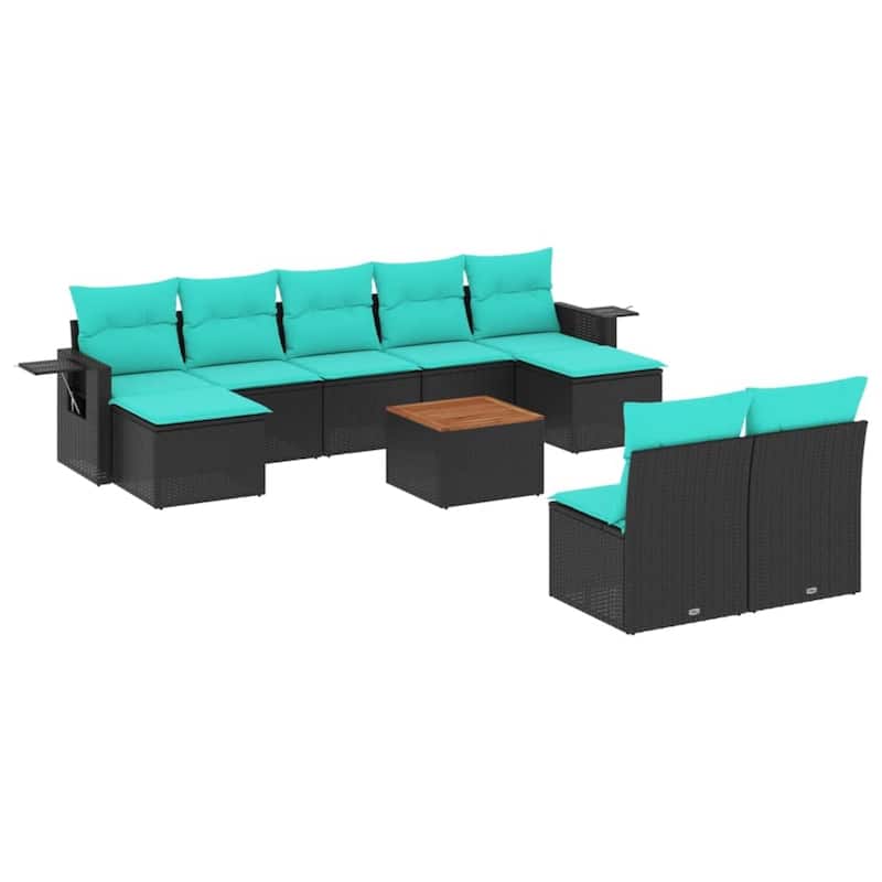 vidaXL 10 Piece Patio Sofa Set with Cushions Black Poly Rattan - 21.7" x 24.4" x 27.2"