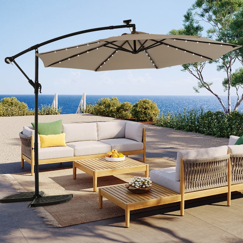 HOMEFUN 10ft Solar LED Offset Hanging Market Patio Umbrella - Khaki