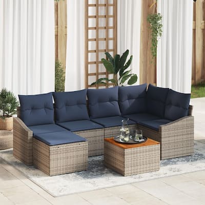 vidaXL 7 Garden Sofa Set with Cushions Black/Grey Poly Rattan - 91.9 x 48.6 x 27.2