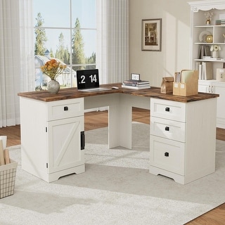 Executive L Shaped Home Office Computer Desk with File Drawers - Bed ...
