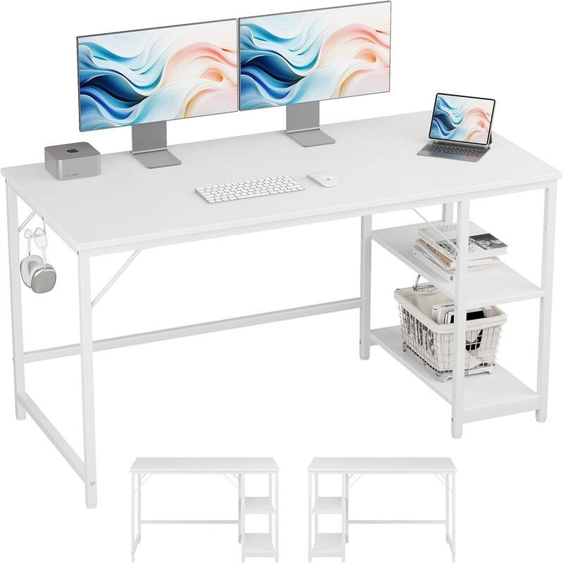Small Study Writing Desk with Wooden Storage Shelf - 55.12"D x 23.62"W x 2.53"H - White