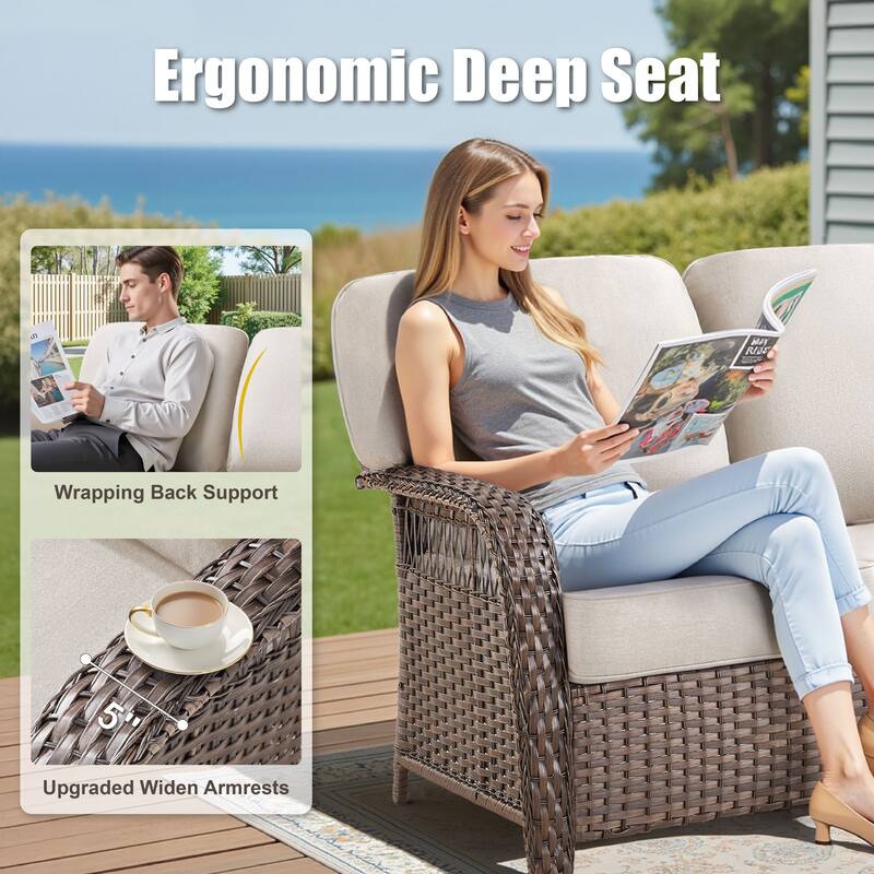 Pocassy Outdoor Sofa Ottoman Swivel Chair Table with Fire Table Funiture Set.