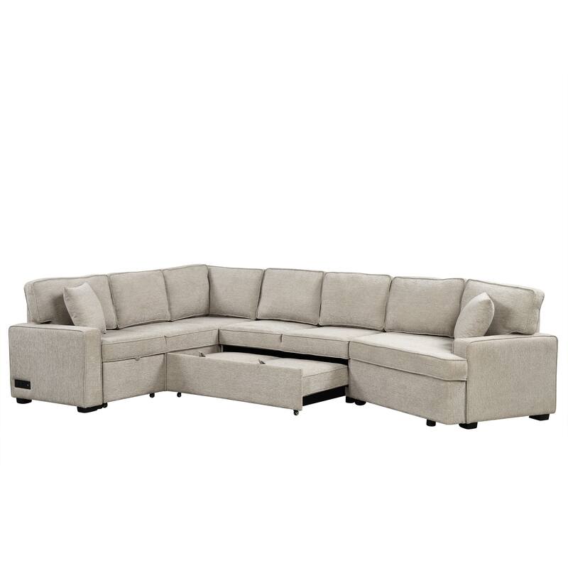 Beige 126" L-Shaped 6-Seater Sectional Sofa with Pull-Out Bed, USB Charging Ports, and Drop-Down Cup Holder Tables
