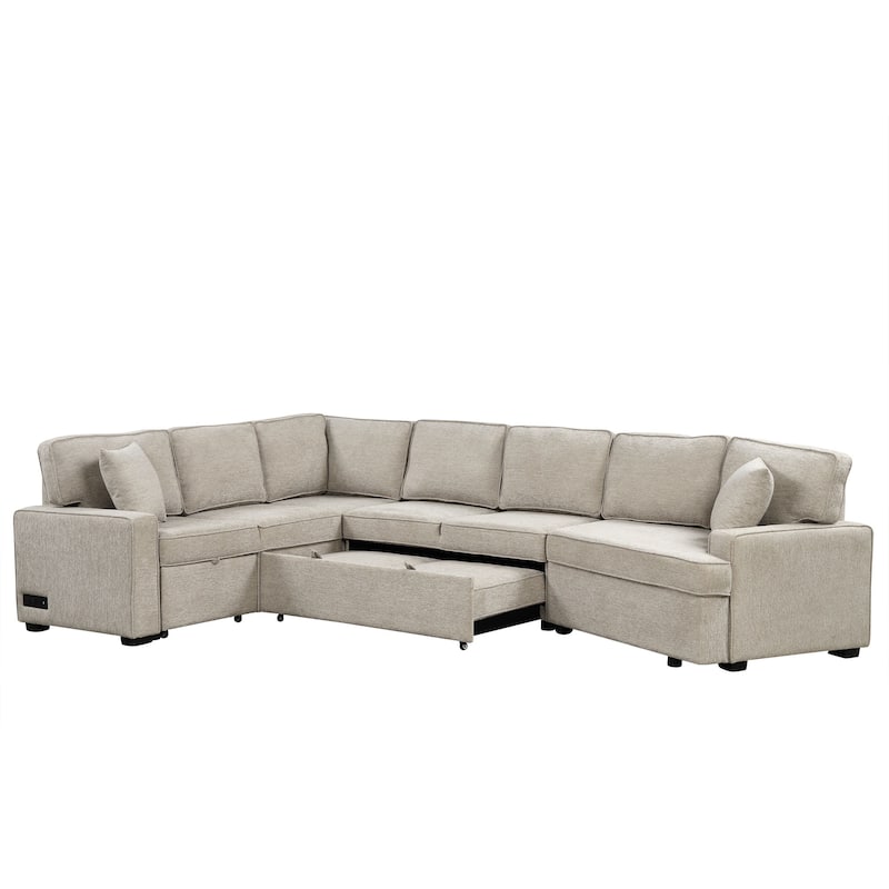 Roomfitters L-Shaped Sectional Sofa with Pull-Out Bed, Integrated Charging Devices, and Convenient Cup Holders