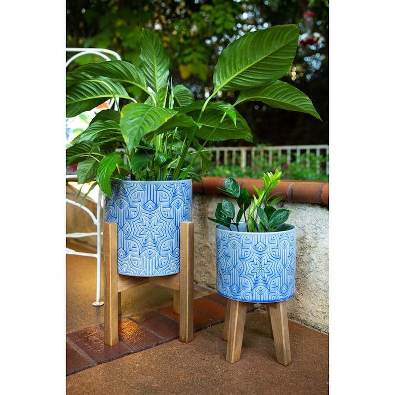 10" & 8" Star Ceramic Planter on Wood Stand Set of 2