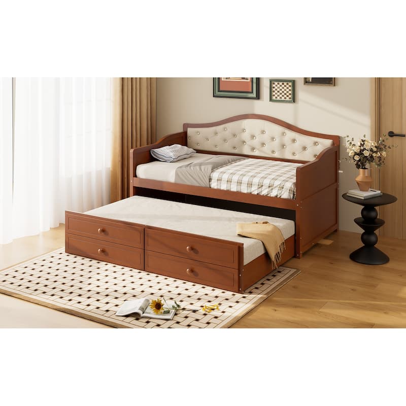 Twin Daybed with Trundle and Storage Drawers, Upholstered Button Tufted Sofa Bed for Living Room, Bedroom, Guest Room, Walnut