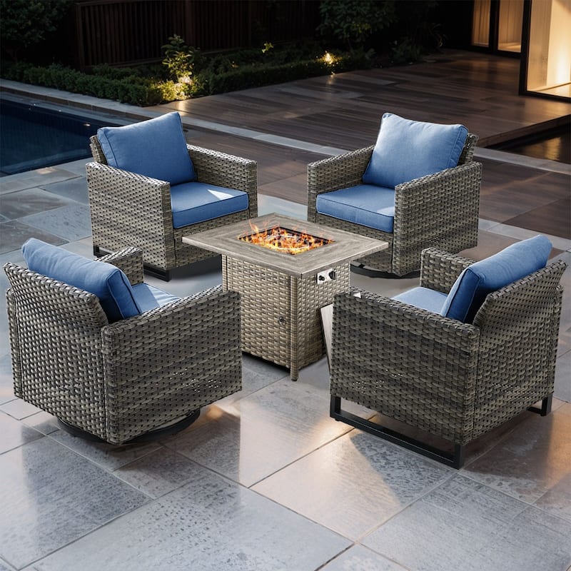 5 Pieces Fire Pit Table with Outdoor Swivel Chair Patio Chair - Gray Wicker - Blue cushion