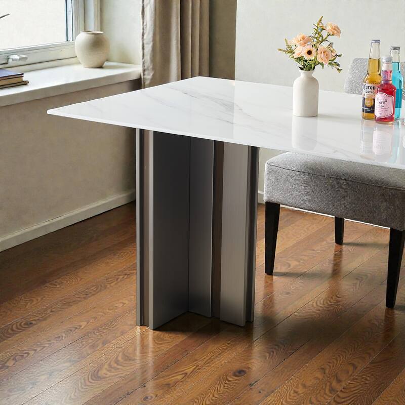 69.3 Inch Rectangular Dining Table with White Marble Glass Top, Modern Dining Table for 4 to 6 People