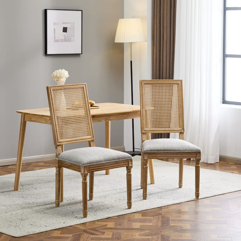 [Set of 2] French Country Dining Chairs - Elegant Cane Backrest & Upholstered Seats with Fluted Legs- Solid Rubberwood Frame