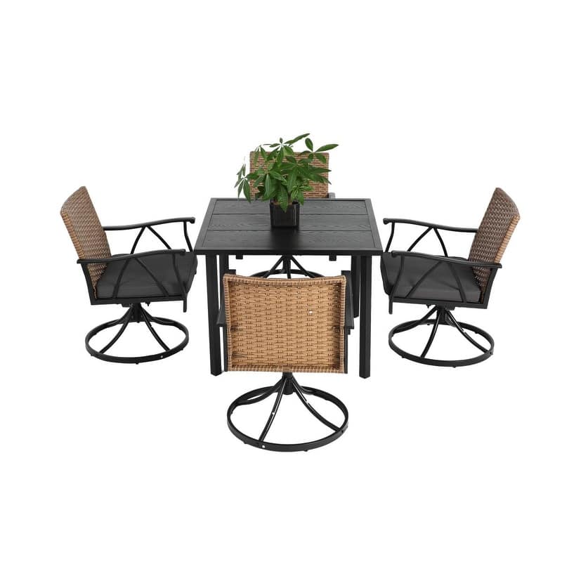 5-Piece Outdoor Dining Set with Swivel Rocker Chairs, Steel Table & 4 Removable Cushions