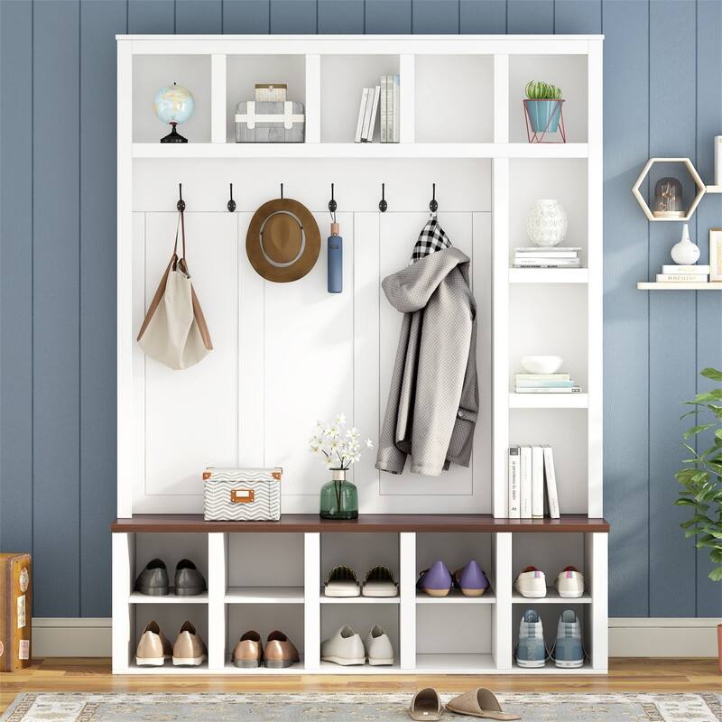 Farmhouse 4-in-1 Hall Tree with Shoe Cabinet, Entryway Storage Bench with 13 Cubbies, Coat Rack w/ Adjustable Shelves & 6 Hooks