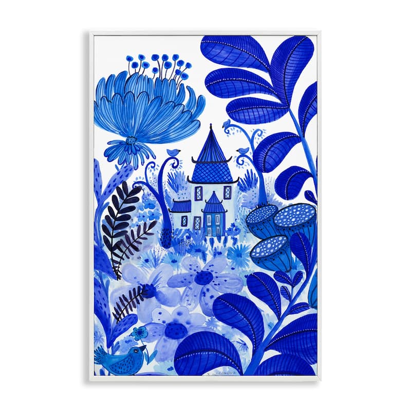 Stupell Whimsical Blue Folk Garden Framed Giclee Art Design By Kay Widdowson - 20 x 30 - White