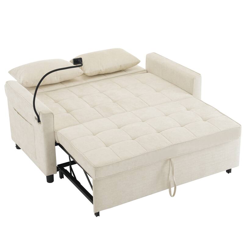 Roomfitters Loveseat Pull-Out Sofa Bed with Reversible Backrest Cushion, Side Pockets, USB Ports, and Phone Holder
