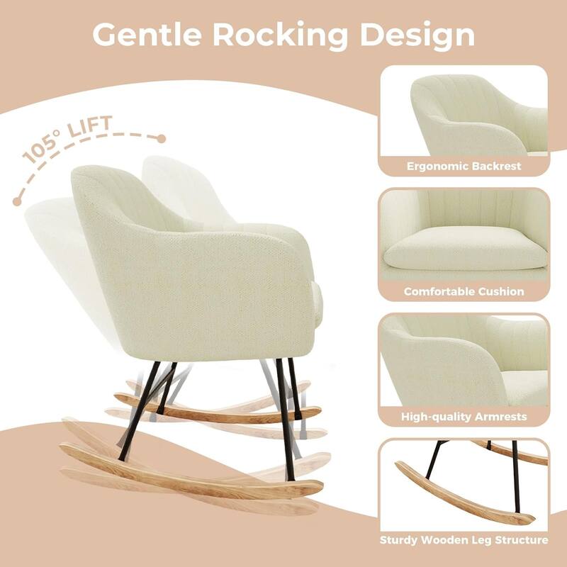 Upholstered Rocking Chair, Glider Chair With Cozy Cushion, Rocking Accent Chair With Rubber Wood Legs