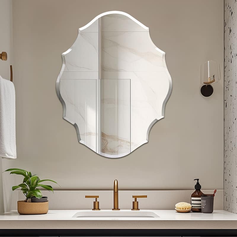 Beveled Frameless Wall Mirror Elegant Scalloped Bathroom Vanity Mirror - 25" x 32"