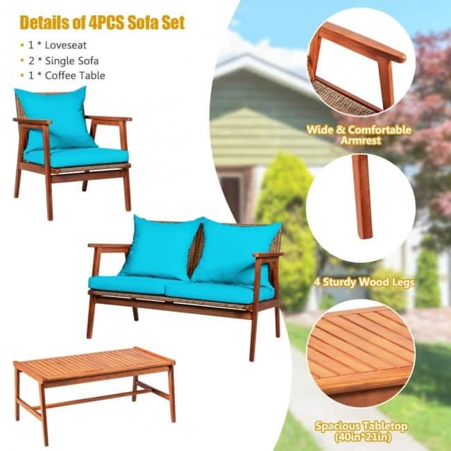 4 Piece Acacia Wood Patio Rattan Furniture Set with Cushions - 45" x 27.5"x 29.5" (L x W x H)