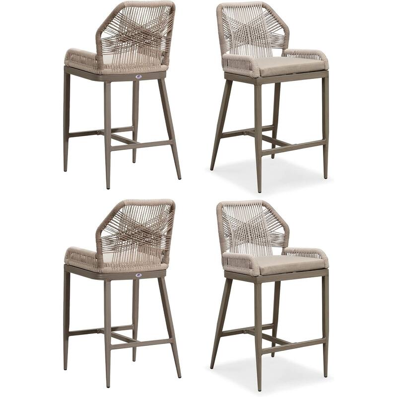 PURPLE LEAF Bar Stools Set of 4 Outdoor Bar Height Metal Stools Modern Wicker Rattan Barstools with Back Aluminum - Light Grey-Twill-39.56"H