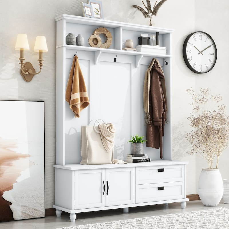 80.30"H Hall Tree with Storage Cabinet, Entryway Coat Rack with 2 Large Drawers and 5 Coat Hooks, Widen Mudroom Bench - White
