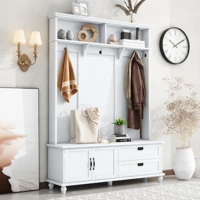 80.30"H Hall Tree with Storage Cabinet, Entryway Coat Rack with 2 Large Drawers and 5 Coat Hooks, Widen Mudroom Bench
