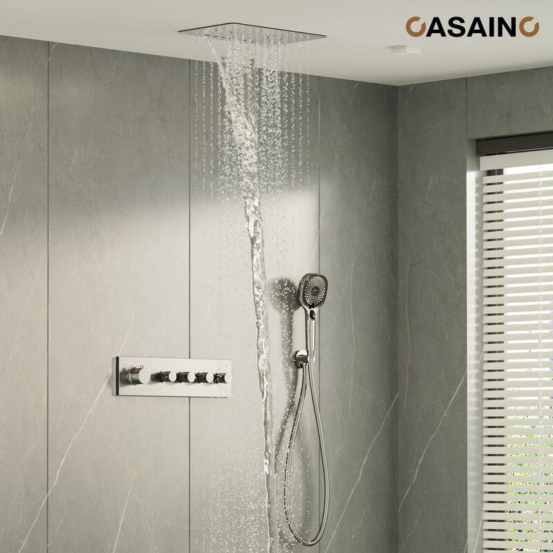 Luxury Thermostatic Shower System 3-Spray Patterns Ceiling Mount Fixed Rain Waterfall Shower Head and Handheld Spray Combo