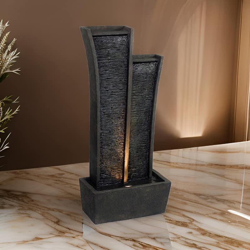 41 Inch Tower Water Fountain, Tall Rectangular Rock, Halogen Light, Gray