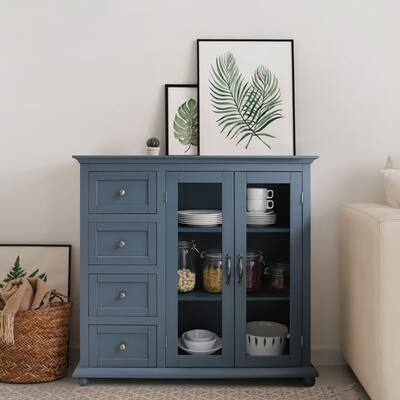 VEIKOUS Kitchen Buffet Sideboard Storage Cabinet with 2 Glass Doors and 4 Drawers