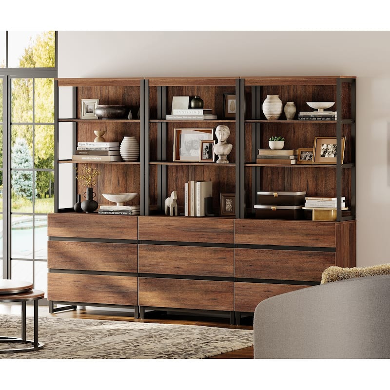 WAMPAT Modern 72" Tall Bookcase with Drawers and Open Book Shelfs, Library Book Shelf for Home Office, Living Room