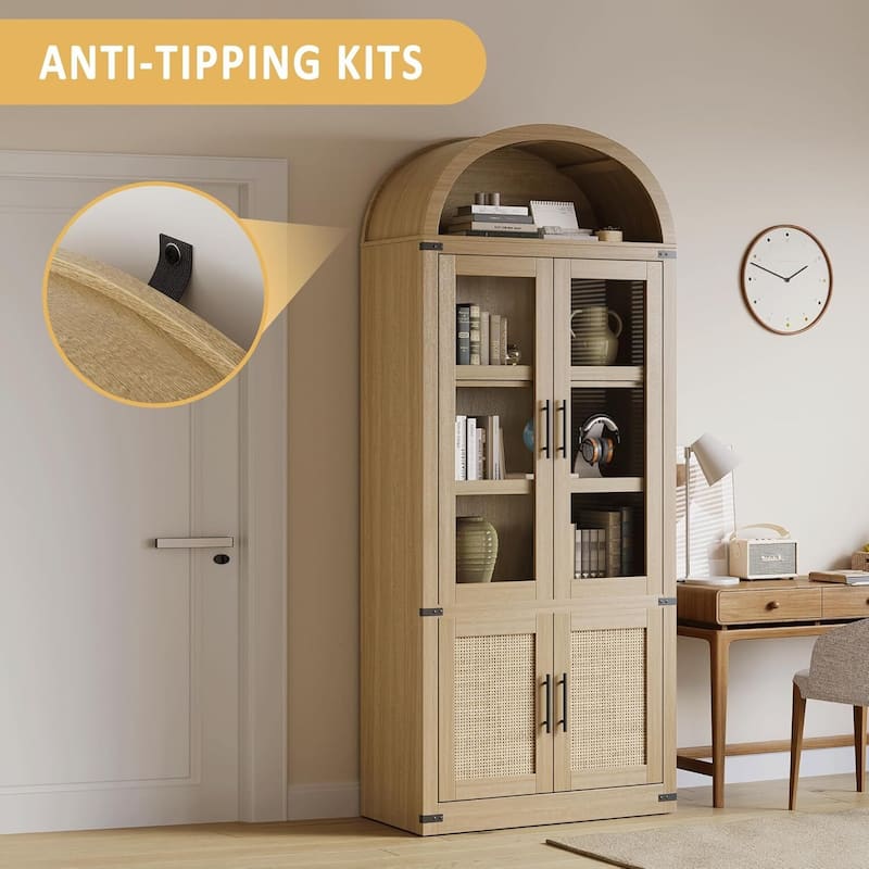 Arched 6-Shelf Bookcase, Display Cabinet with Glass Doors - N/A