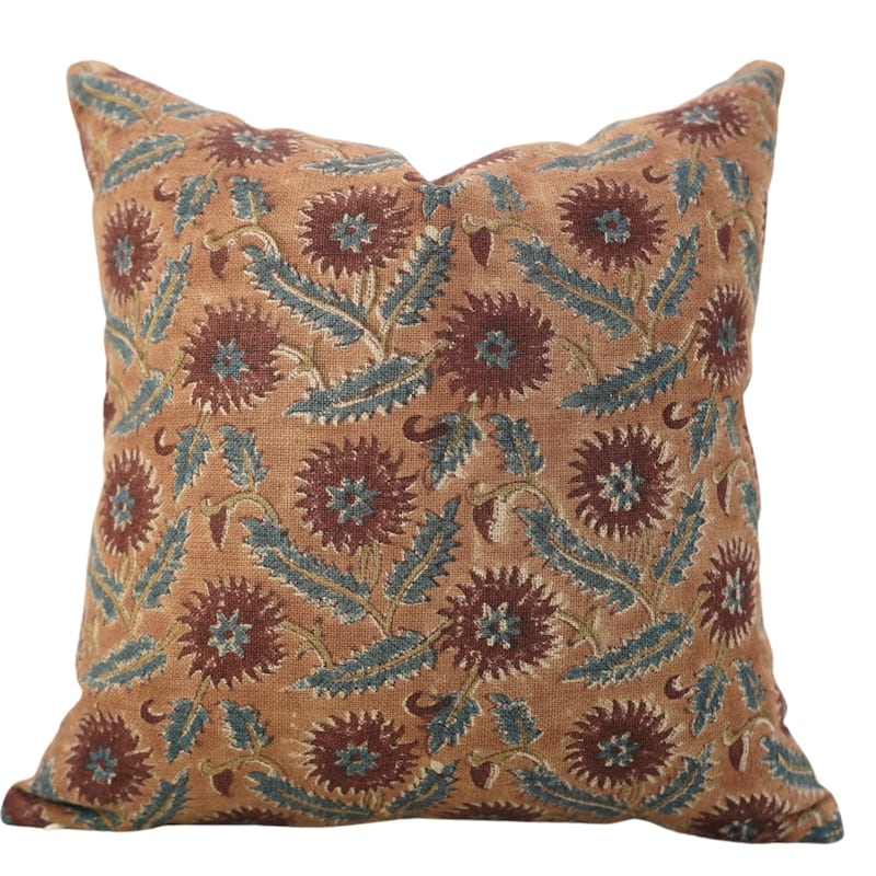 Fabdivine Handmade Block Print Brown Heavy Linen Fabric Perfect for Home or Room Décor Throw Accent Pillow Cover - 14" X 36" - Brown, Red, Grey