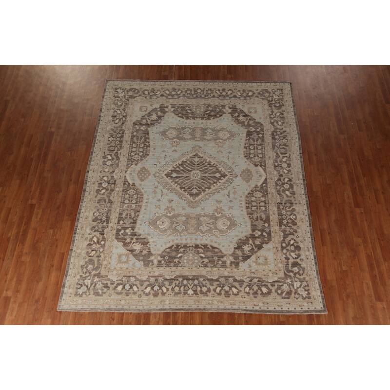 Vegetable Dye Oushak Turkish Area Rug Blue Hand-Knotted Wool Carpet - 8'2"x 9'10"