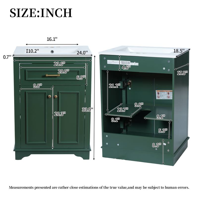 24" Bathroom Vanity with Integrated Ceramic Sink, 2 Doors & 1 Tip-Out Drawer for Small Bathrooms, Single Sink Vanity