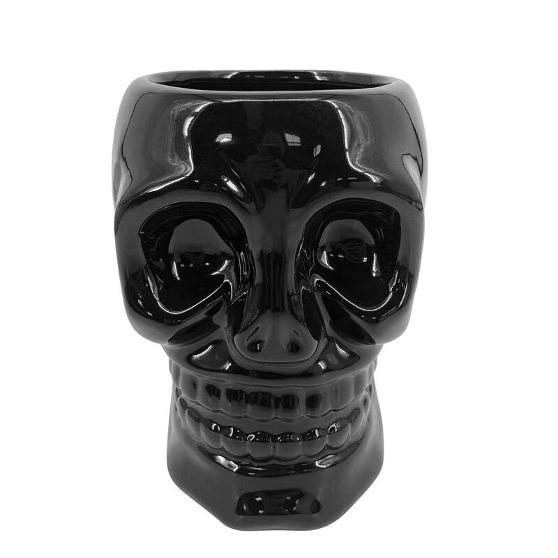 Glossy Finish Halloween Ceramic Skull Vase - 8" - Black