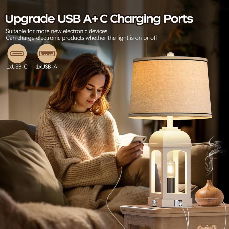 Anmytek Farmhouse Table Lamps Set of 2 White Rustic Touch Dimmable Lamp with USB Charging Nightlight