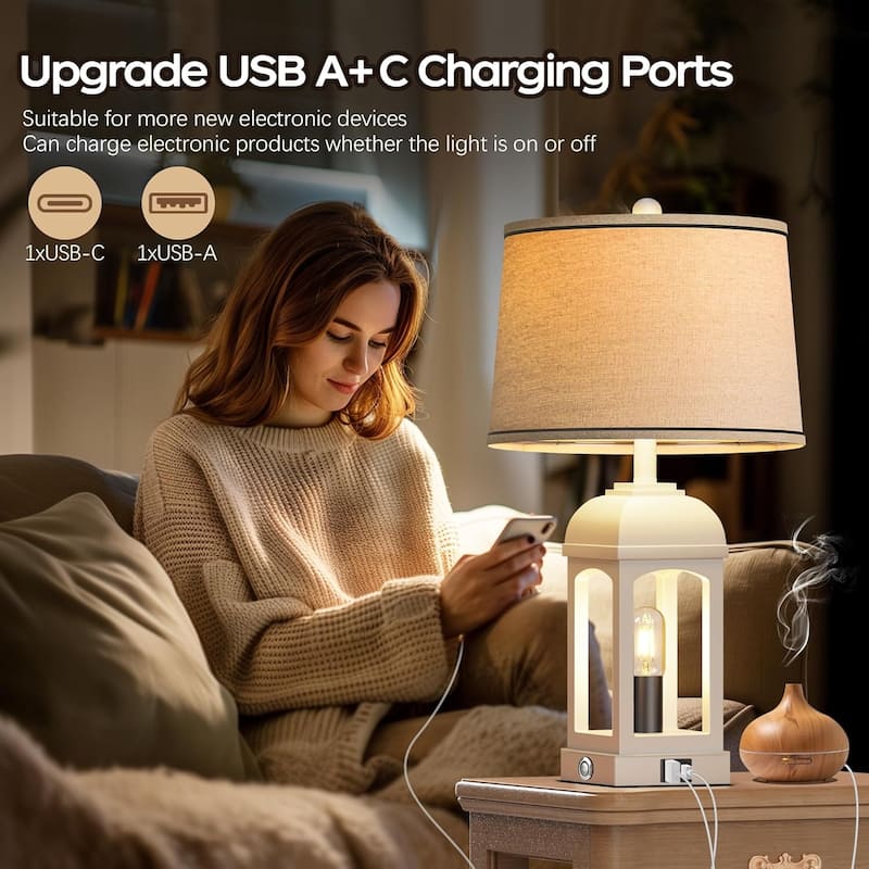 Farmhouse Lamps Set of 2 with USB A+C and Nightlight, 26" Rustic Bedside Lamps with 3-Way Dimmable, Touch Nightstand Lamp