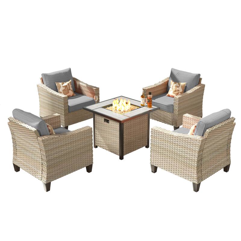 HOOOWOOO 5-piece Outdoor Patio Furniture Rattan Chat Set with Fire Pit Table