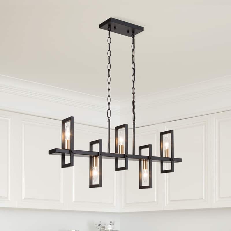 5-light Modern Black Gold Kitchen Island Geometrical Candle Chandelier Linear Penant Light - L31.5" x W4" x H74"