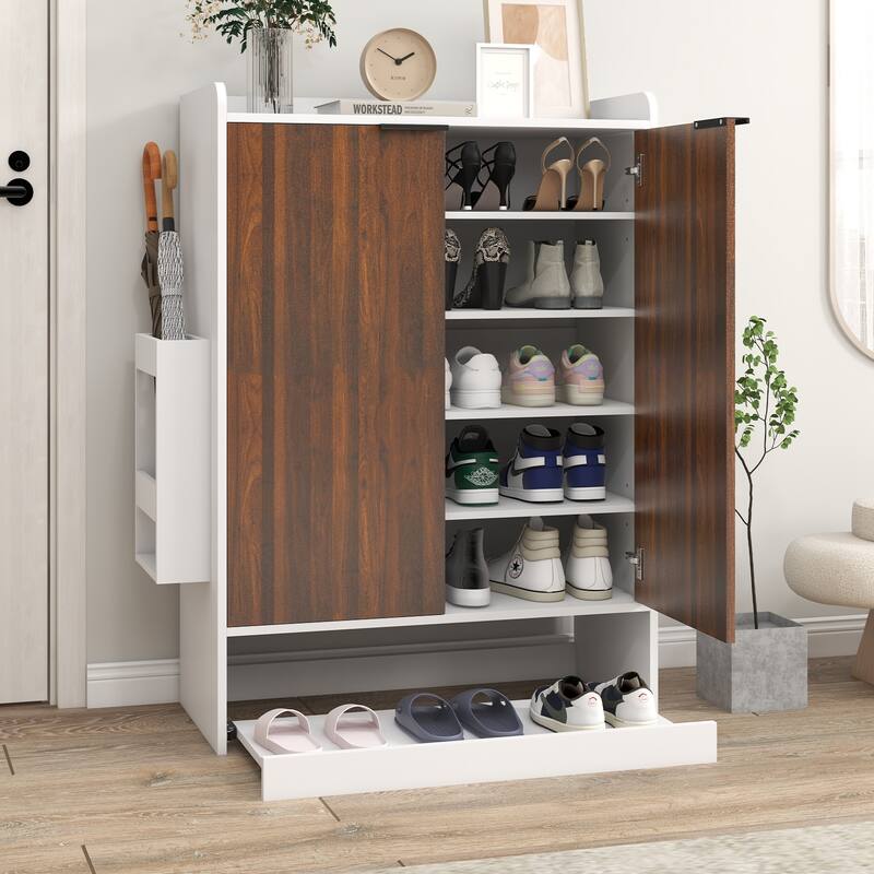 6-Tier Shoe Storage Cabinet with Slide Out Shelf and Umbrella Stand - Dark Brown