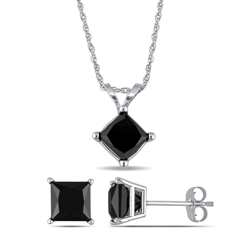Miadora 3ct TDW Princess Black Diamond Solitaire Earrings Pendant Chain Set 10k White Gold
