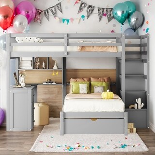 Modern Full Over Twin Bunk Bed With Desk,Drawers and Shelves