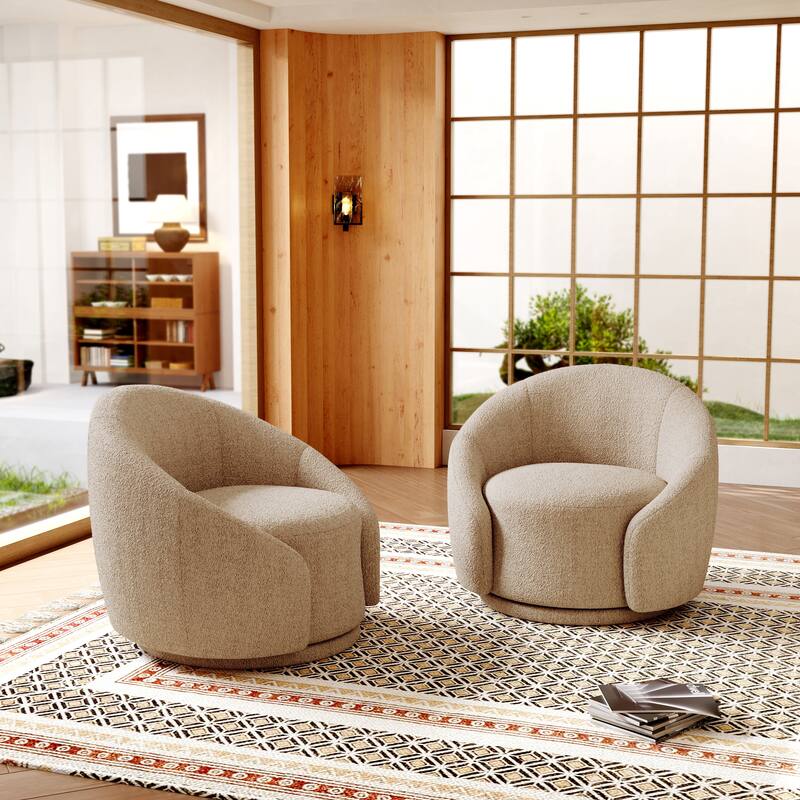 Boucle Barrel Chair Upholstered 360°Swivel Armchair Set of 2