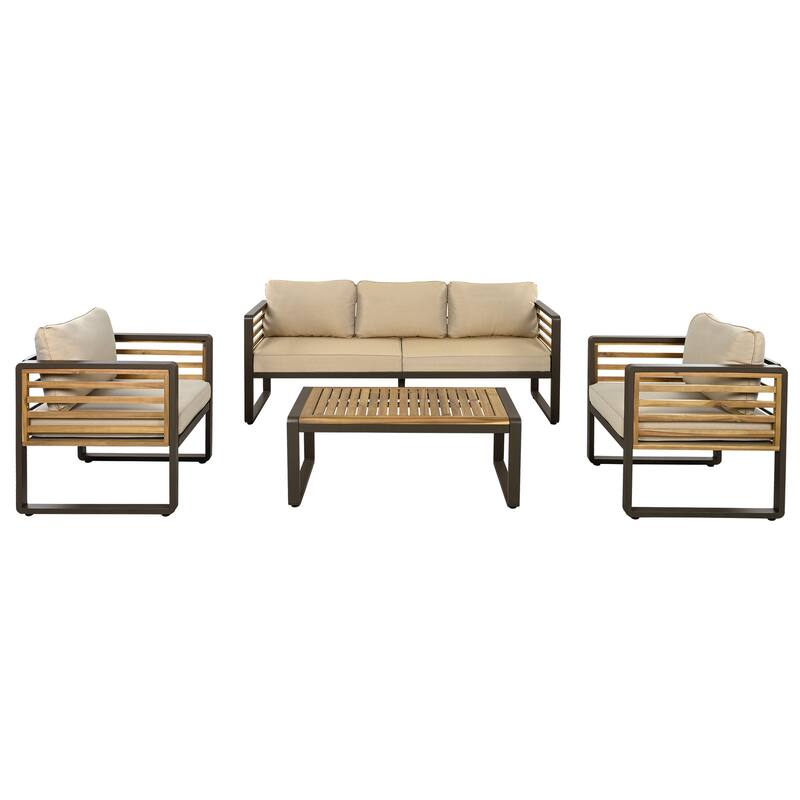 5-Person Outdoor Conversation Set with Removable Cushions and Stylish Metal Frame and Acacia Wood