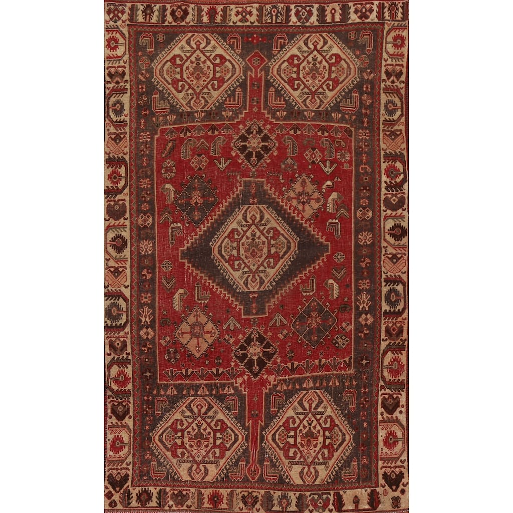 Red Shiraz Persian Antique Area Rug Handmade Wool Carpet - 3'11"x 7'6"