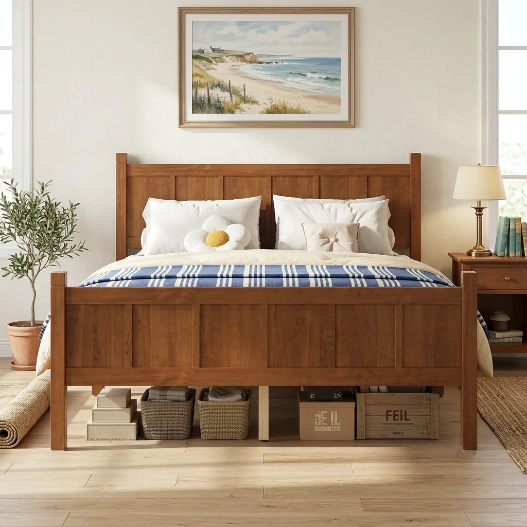 Javlergo Shaker Style Platform Bed with Wood Grain Finish Solid Headboard & Under-Bed Storage No Box Spring Needed