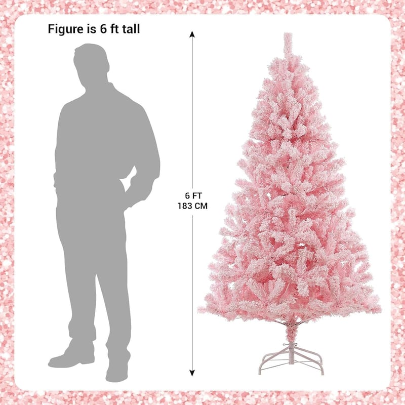 6 FT Snow Flocked Pink Pre-Lit Artificial Xmas Christmas Tree for Home Office - 6FT