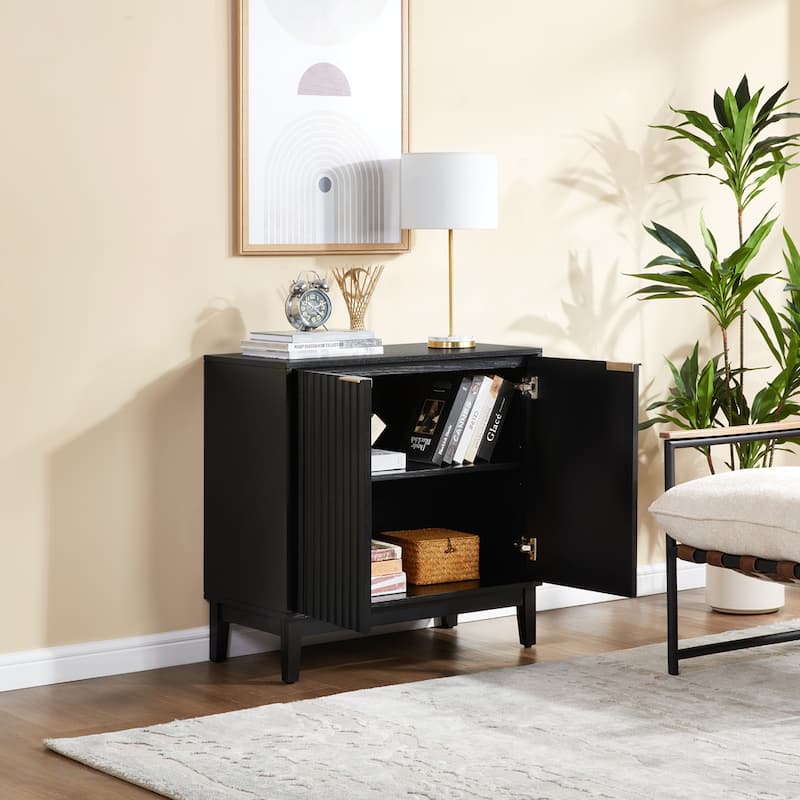 Bedroom Fluted Wood Nightstand, Accent Cabinet with Brass Handles, Storage Cabinet Buffet with Shelf - Black