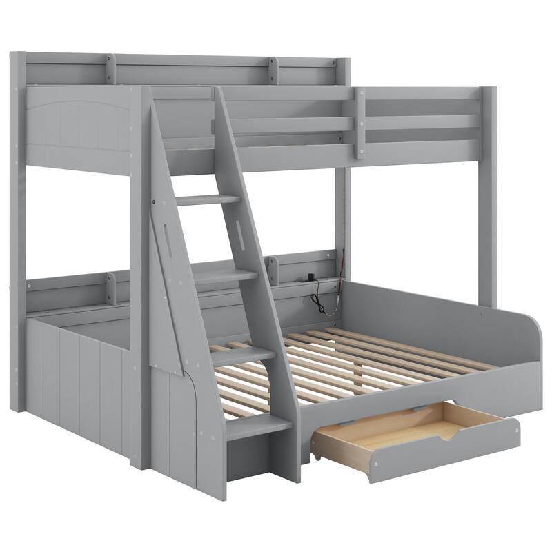 GDFStudio - Wood Twin over Full Bunk Bed with Storage, Drawer, LED & Charging Station