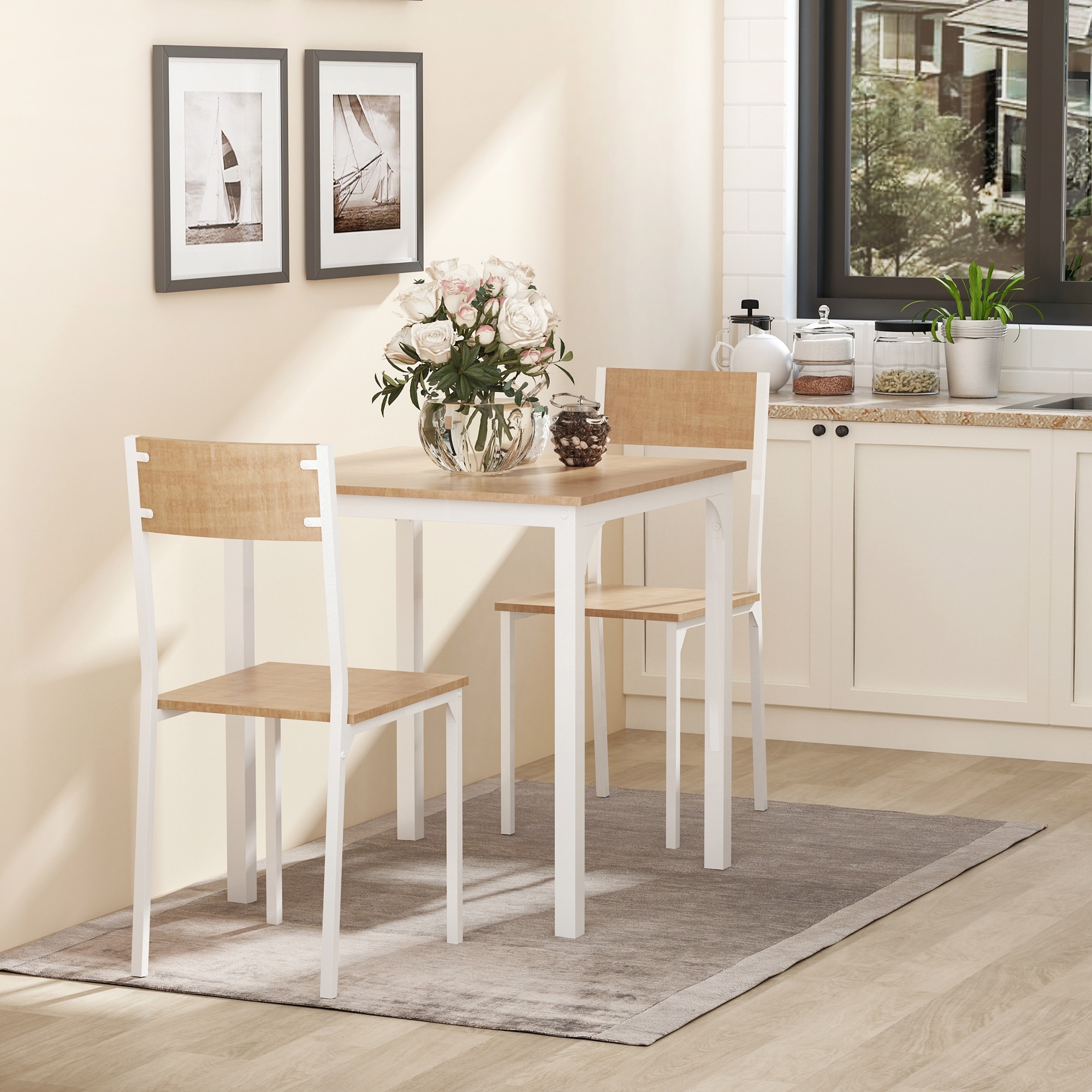 HOMCOM 3-Piece Wooden Square Dining Table Set with 1 Table and 2 Chairs and Sturdy Metal Frame, White
