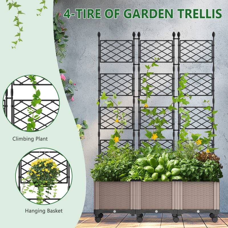 63"H Planter Box Raised Garden Bed With Trellis & Wheels, Vertical