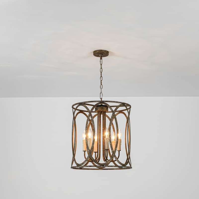 4-light Retro Bronze Rusted Finish Drum/Cylinder Frame Design Chandelier For Use in Kitchen Island, Dining Rooms